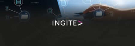 Hands on a keyboard with device and network icons floating above
