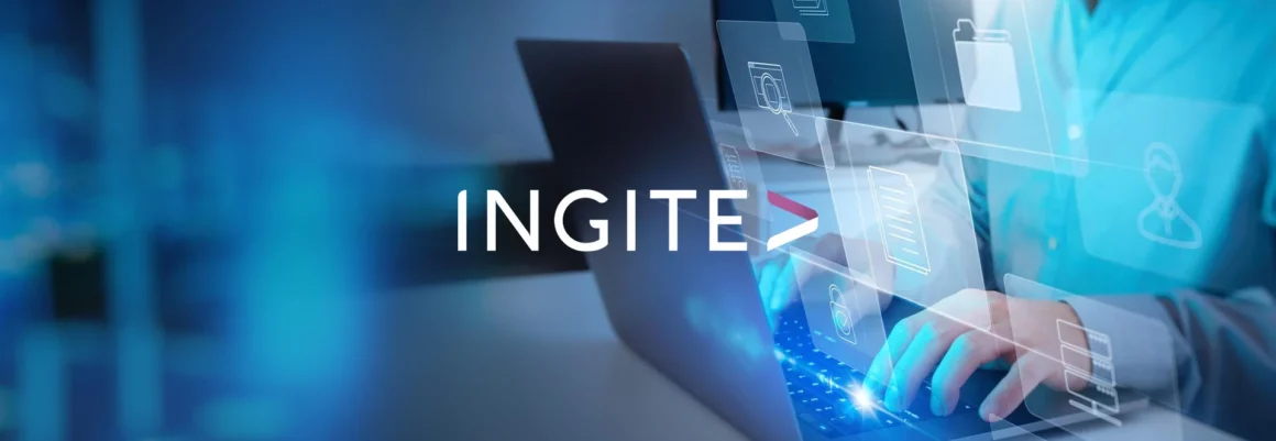 Hands on a laptop with floating digital interface icons in blue tones
