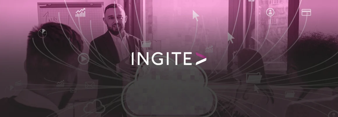 Man surrounded by floating digital interface icons, in magenta tones