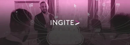 Man surrounded by floating digital interface icons, in magenta tones