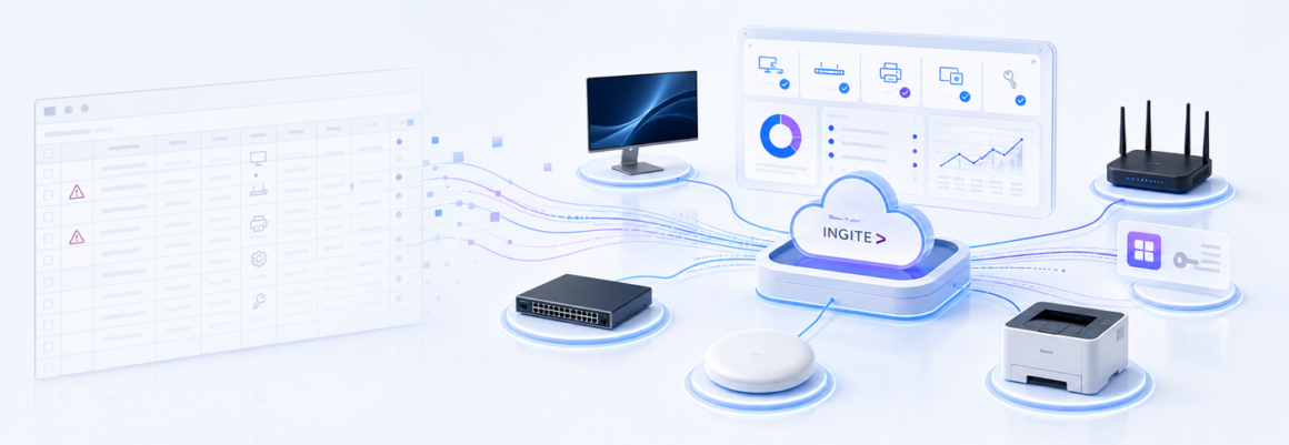 Illustration of a spreadsheet beside a monitor linked to a router, printer and storage devices in the cloud