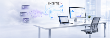 Illustrated workspace with a laptop surrounded by floating cloud and application icons