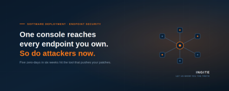 Dark blue banner with connected-node diagram and the headline: one console reaches every endpoint you own, so do attackers now.