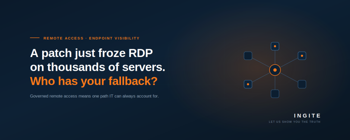 Dark blue banner with connected-node diagram and the headline: a patch just froze RDP on thousands of servers, who has your fallback?